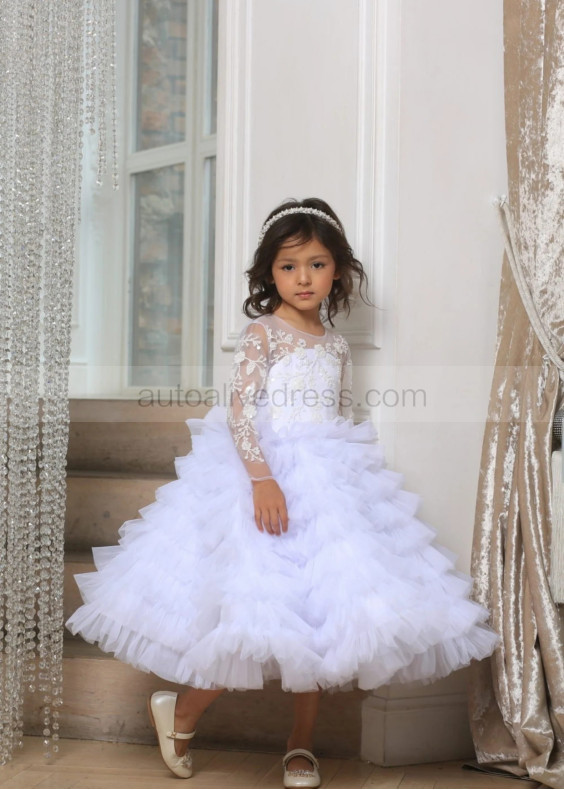 Beaded White Lace Tulle Ruffled Flower Girl Dress